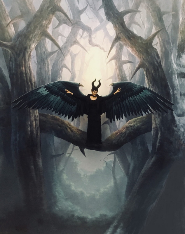 Dark Winged Figure in Forest at Chiang Mai Art in Paradise Person with large black wings and horns standing on a tree branch surrounded by foggy forest at Chiang Mai Art in Paradise.