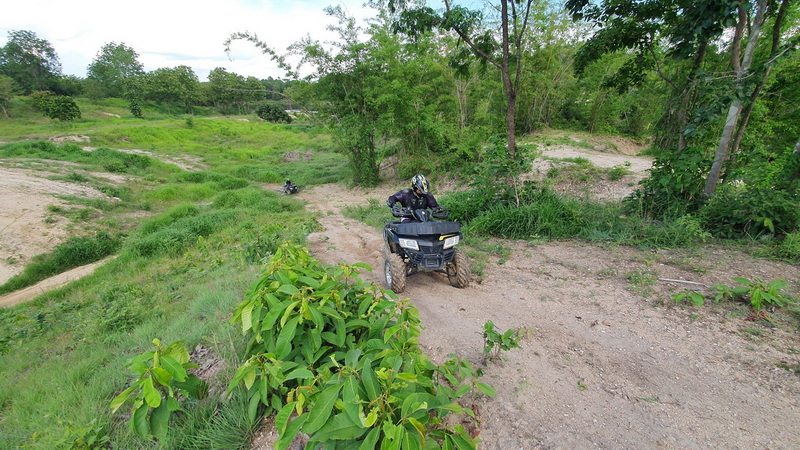Person riding ATV on dirt trail surrounded by green trees and bushes at Chiang Mai atv tour.