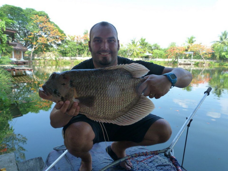 Fishing Success at Chiang Mai Fishing Park Man holding a large fish by a serene lake surrounded by trees at Chiang Mai Fishing Park.