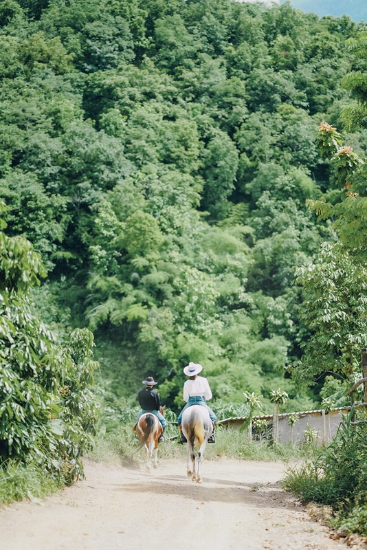 Two riders on horses riding through a dense, green forest trail at Horse Riding Chiang Mai.