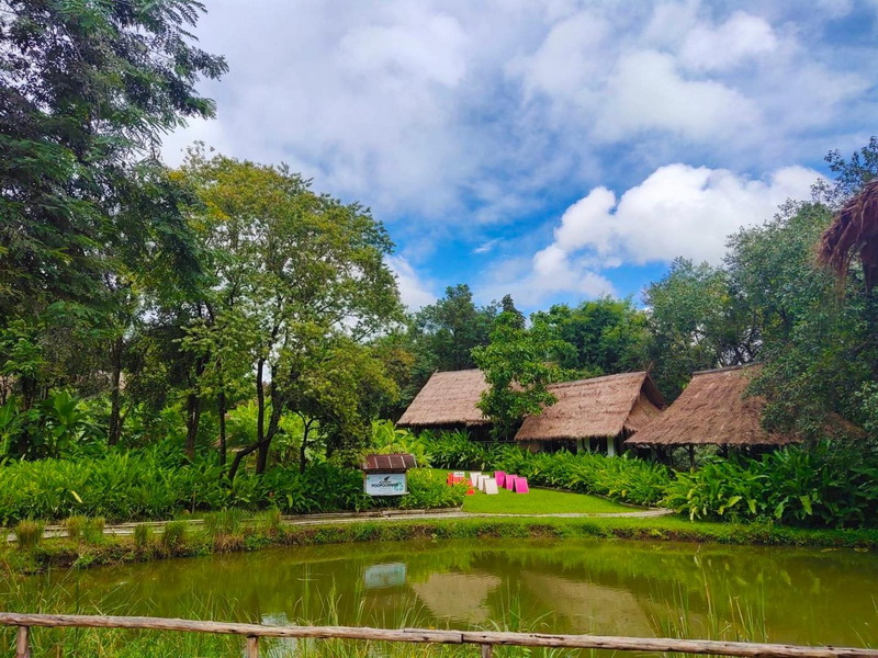 Thatched-roof huts near a pond with lush green trees and blue sky at Elephant Poopoopaper Park.