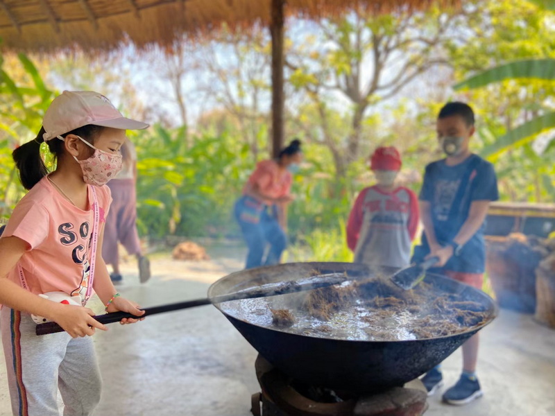 Children in masks cooking food over an open fire amid lush outdoor greenery at Elephant Poopoo Paper Park.