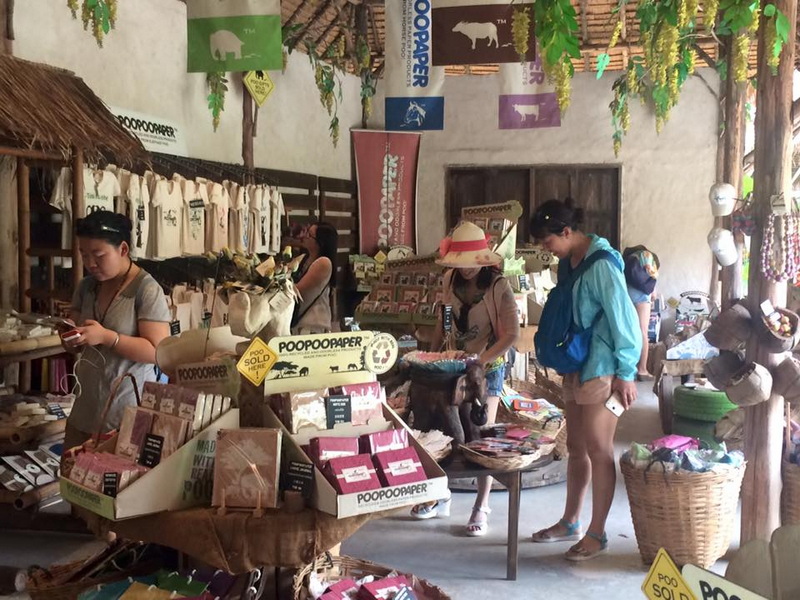 People shopping at a craft stall filled with bags and souvenirs inside a rustic shop at Elephant Poopoopaper Park.