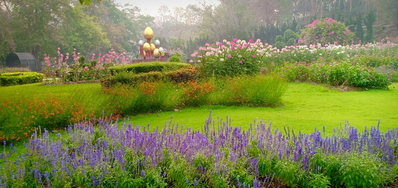 Bright flower garden with purple, pink, and orange blossoms and decorative sculpture at San Kamphaeng Hot Springs.