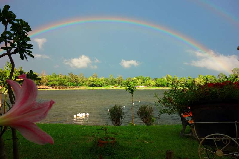 Rainbow over a lake with trees and potted plants in foreground at Huay Tung Tao.