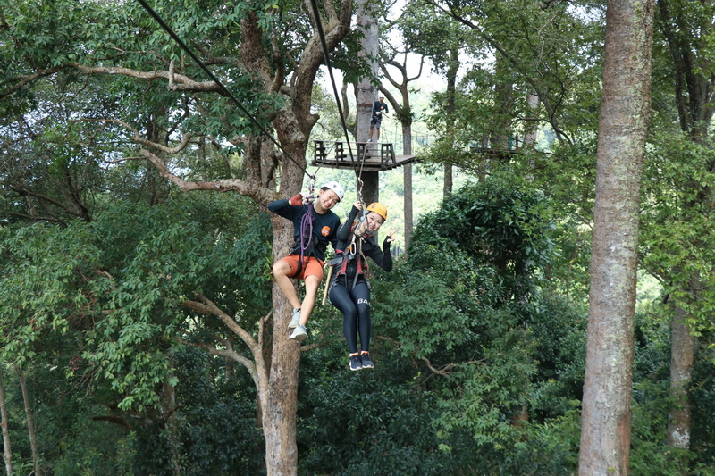 Two people zip lining through dense green forest canopies with safety gear at Jungle Flight Zipline Chiang Mai.