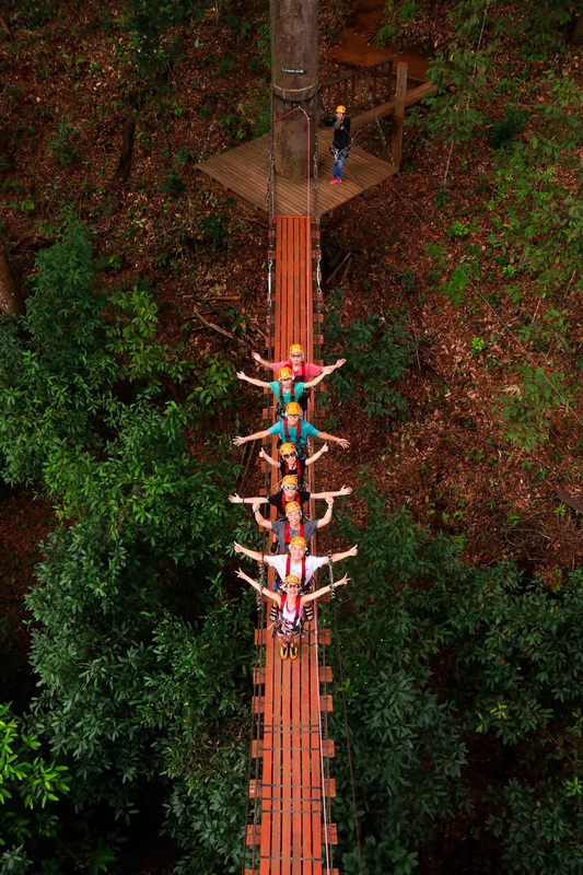 Tree Top Adventure Bridge at Jungle Flight Chiang Mai Group of people on a wooden bridge surrounded by lush forest trees at Jungle Flight Chiang Mai.