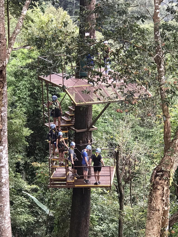 Treehouse Platform in Forest at Kingkong Smile Zipline People wearing helmets on a treehouse platform in dense forest surroundings at Kingkong Smile Zipline.