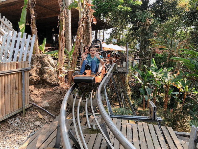 Outdoor Forest Roller Coaster Ride at Pong Yang Zipline and Jungle Coaster Woman riding a roller coaster track through a green forest with trees and wood structures nearby at Pong Yang Zipline and Jungle Coaster.