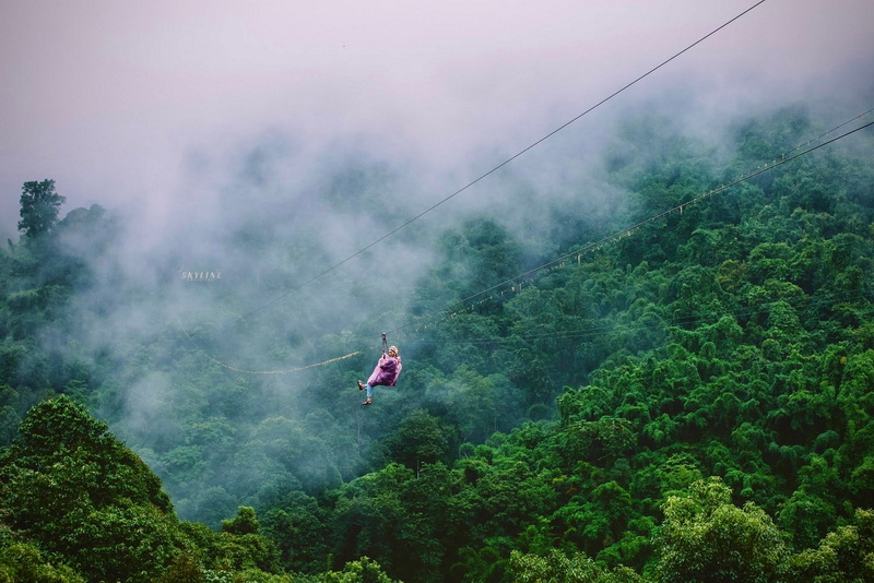 Zip Line Over Foggy Forest at Chiang Mai Skyline Adventure Person zip lining over a foggy, lush green forest with cable overhead at Chiang Mai Skyline Adventure.