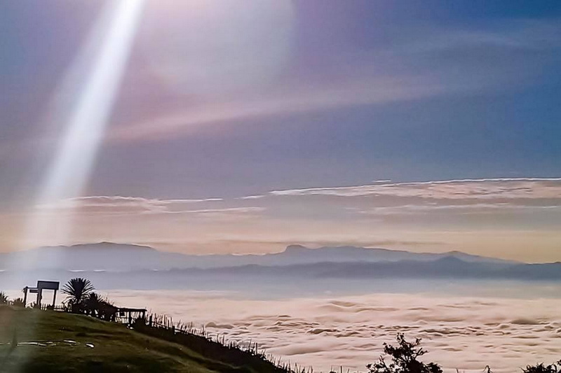 Mountain View Above Clouds at Doi Ang Khang Mountain peaks above clouds with a grassy foreground under a clear sky at Doi Ang Khang.