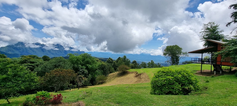 Open grassy area with trees, house on stilts, and mountain view under cloudy sky at Doi Luang Chiang Dao.