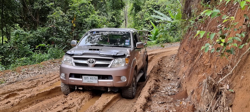 SUV on a Jungle Trail at Doi Luang Chiang Dao SUV driving through a muddy, unpaved road surrounded by dense greenery at Doi Luang Chiang Dao.