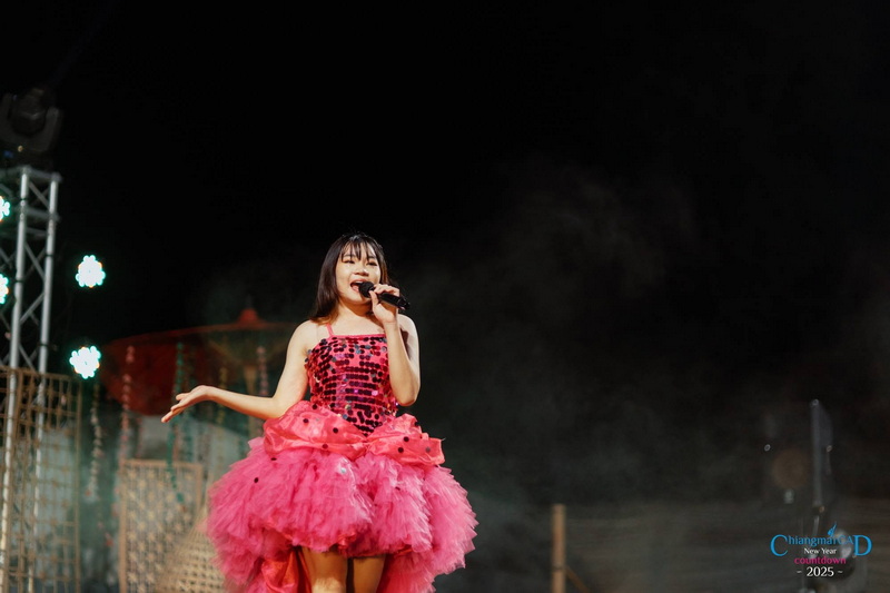 Nighttime Performer in Pink Dress at New Year Countdown Chiang Mai by CAD Young woman performs on stage in a pink dress at night at New Year Countdown Chiang Mai by CAD.