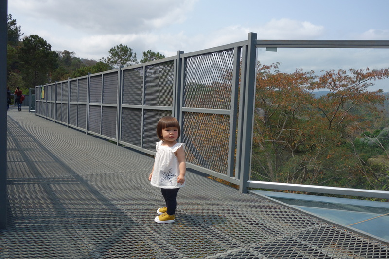 Young girl standing on a metal observation platform with trees and cloudy sky behind her at Queen Sirikit Botanic Garden.