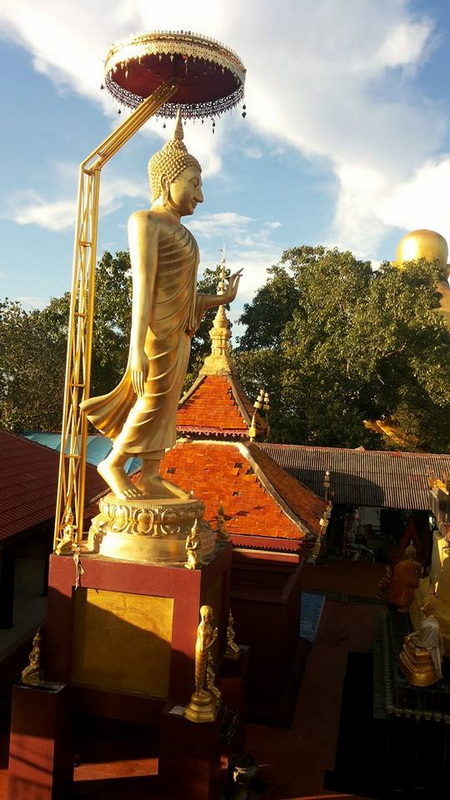 Golden Buddha statue with parasol, trees, and temple rooftops in the background at Kruba Sri Wichai Monument.