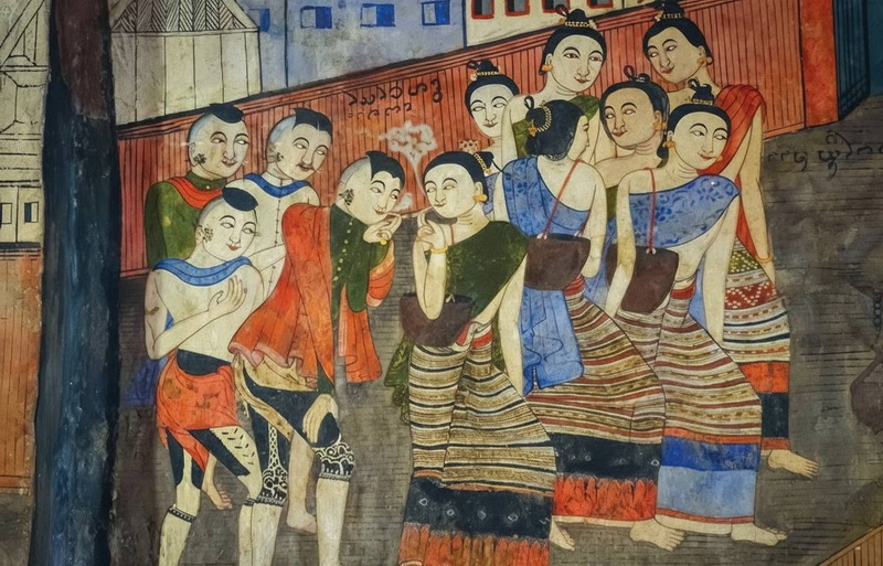 Traditional Woman Mural Scene at Three kings Monument Colorful mural showing women in traditional clothes engaging in conversation at Three kings Monument.