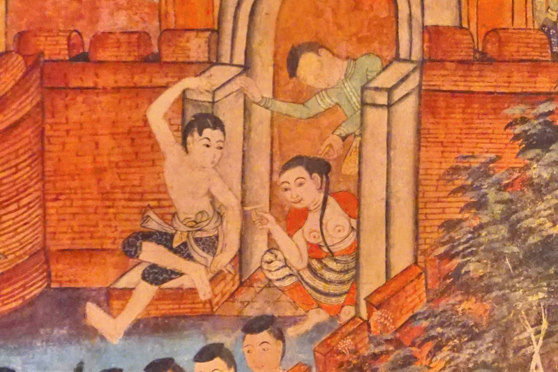 Traditional Courtyard Scene at Three kings Monument Colorful traditional artwork showing people engaging in an activity inside a courtyard at Three kings Monument.