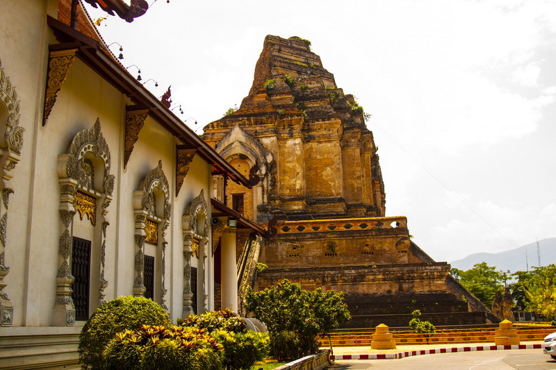 Ancient brick stupa with ornate temple building nearby, greenery around at Wat Chedi Luang.