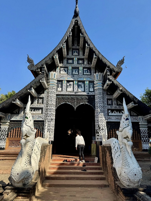 Ornate temple entrance with serpent statues and detailed patterns under a clear blue sky at Wat Lok Moli.