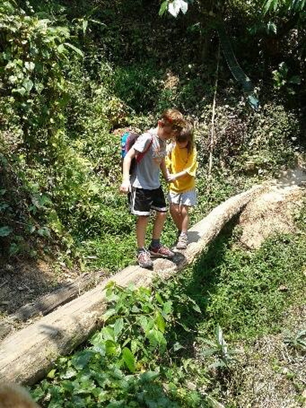 Children on Forest Trunk at Pha Lad Temple Two kids crossing a fallen tree trunk amidst dense green foliage in the forest at Pha Lad Temple.
