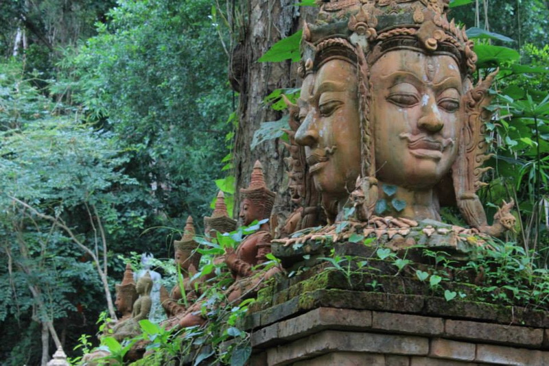Stone faces and statues surrounded by dense greenery and moss in a jungle setting at Wat Pha Lad.