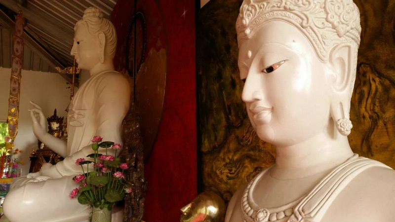Two white Buddha statues with detailed carvings and pink flowers in front at Pha Lad Temple.