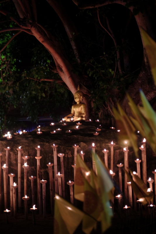 Buddha and Candlelit Serenity at Wat Phan Tao Golden Buddha statue under a tree with numerous candles at night at Wat Phan Tao.