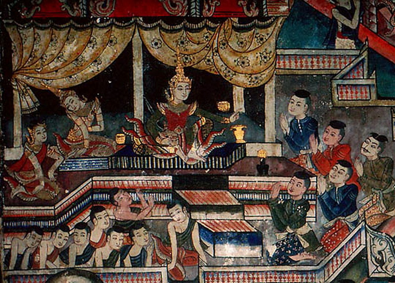 Traditional Ceremonial Mural Scene at Wat Phra Singh Intricate mural depicting a ceremonial scene with elaborately dressed figures inside a building at Wat Phra Singh.
