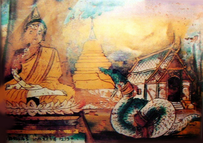 Traditional painting of a monk, serpent, and temple in warm hues at Wat Phra Singh.