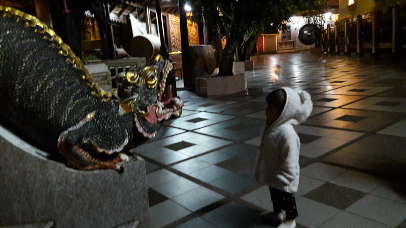 Child in hoodie facing a large dragon statue inside a temple at night at Wat Phra That Doi Suthep.