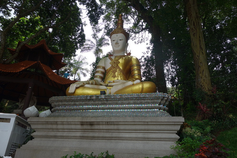 Golden and white Buddha statue seated amidst lush greenery in a temple setting at Doi Suthep temple.