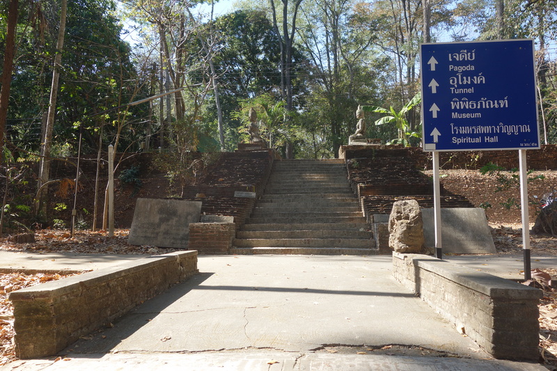 Stone staircase ascending through trees with a blue directional sign nearby at Umong Temple.