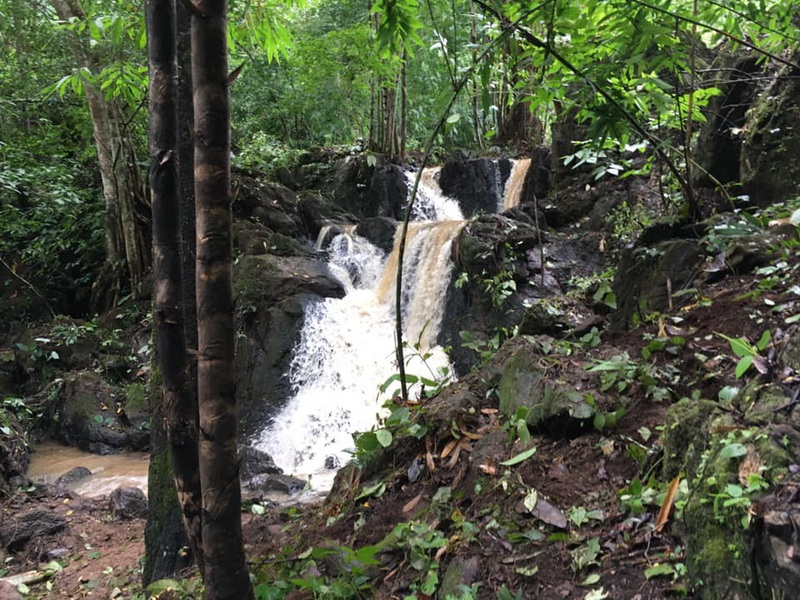 Forest Waterfall Scene at Ban Pha Mon Small waterfall cascading over rocks in a lush green forest at Ban Pha Mon.