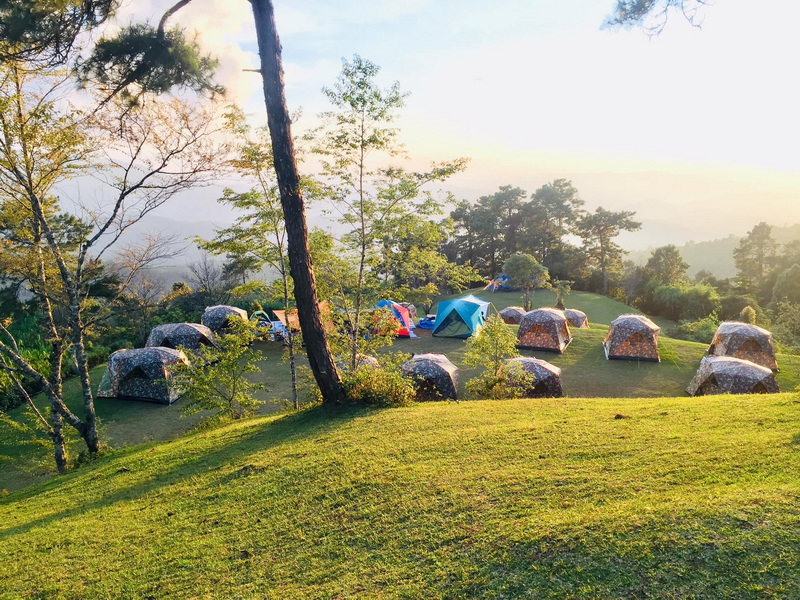 Scenic Mountain Campsite at Huai Nam Dang National Park Tents pitched on a grassy hillside with trees and mountain view in the background at Huai Nam Dang National Park.