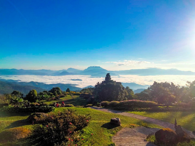 A panoramic view of a green terrace with trees and pathways over clouds and mountains at Mae Hong Son.