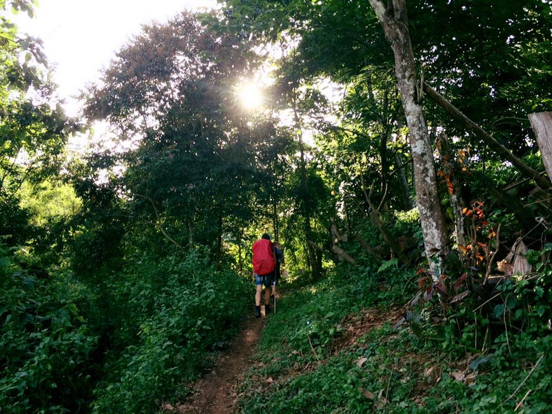 Two hikers walking on a forest trail with sunlight shining through trees at Mae Hong Son.