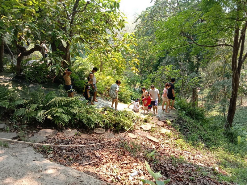 People walking along a stone trail through lush green forest at Buatong Waterfall.