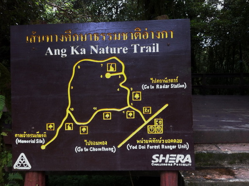 Wooden signboard showing trail map with numbered points and directions near forest at Ang Ka Luang Nature Trail.