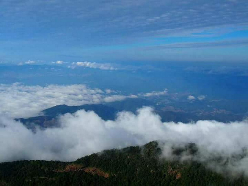 Aerial view of mountain ridges with clouds and blue sky above at Kew Mae Pan Nature Trail.