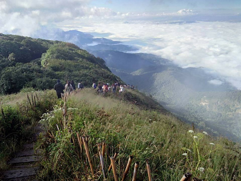 Mountain Trail with Cloud View at Doi Inthanon National Park Hikers walking along a grassy mountain trail with clouds over distant mountains at Doi Inthanon National Park.