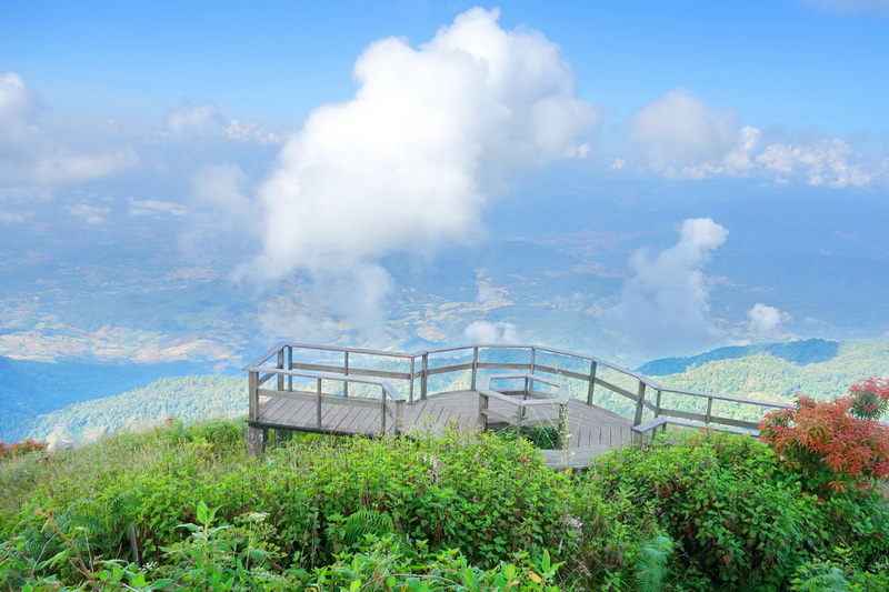 Wooden viewpoint platform with railings above lush greenery and cloudy sky in the background at Kew Mae Pan.