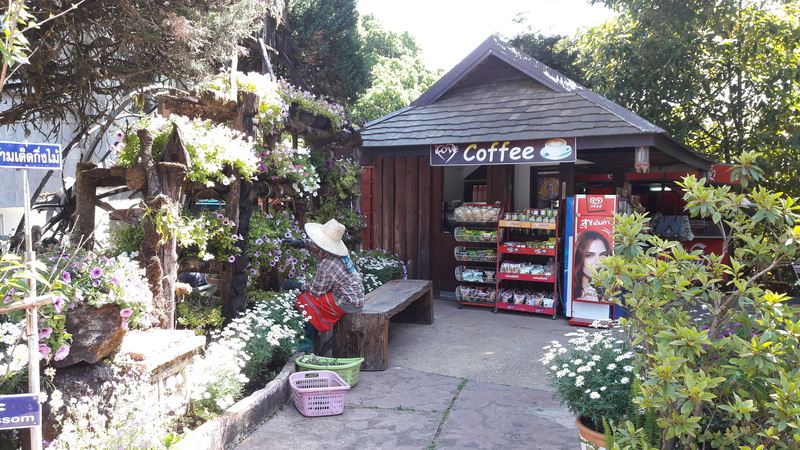 Small roadside shop with flowers, greenery, and a bench outside, with a person sitting nearby at Doi Inthanon National Park.