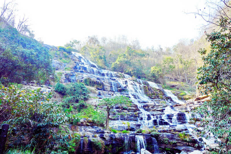 Scenic Tiered Waterfall at Mae Ya Waterfall Multiple tiers of a waterfall flowing over rocky ledges amidst lush greenery at Mae Ya Waterfall.