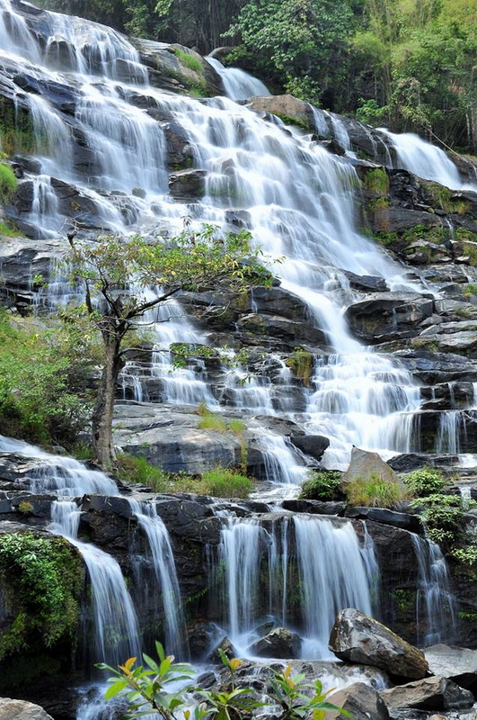 Multiple waterfalls flowing over rocks amidst lush forest greenery at Mae Ya Waterfall.