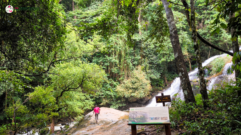 Person in pink walking on a rocky trail with a waterfall in a lush forest at Pha Dok Siew Nature Trail.