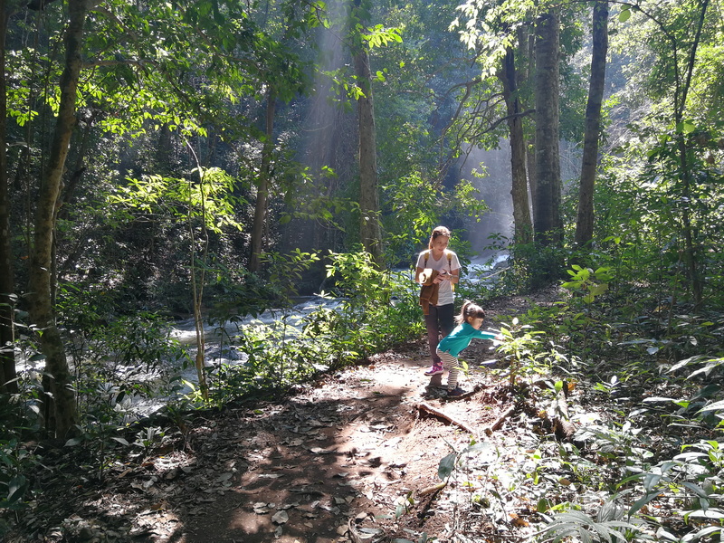 Woman and child walking along a forest trail with sunlight filtering through trees at Pha Dok Siew Nature Trail.