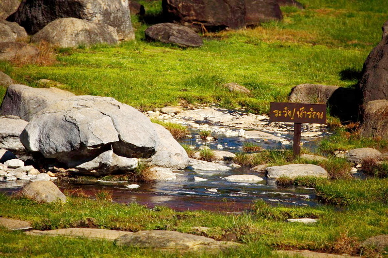 A hot spring stream flowing over rocks with green surroundings and a wooden sign in Thai at Fang Hot Spring.