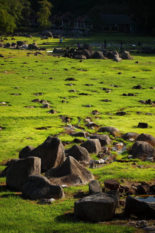 Green grassy field with rocks, small stream, and people nearby at Fang Hot Springs.