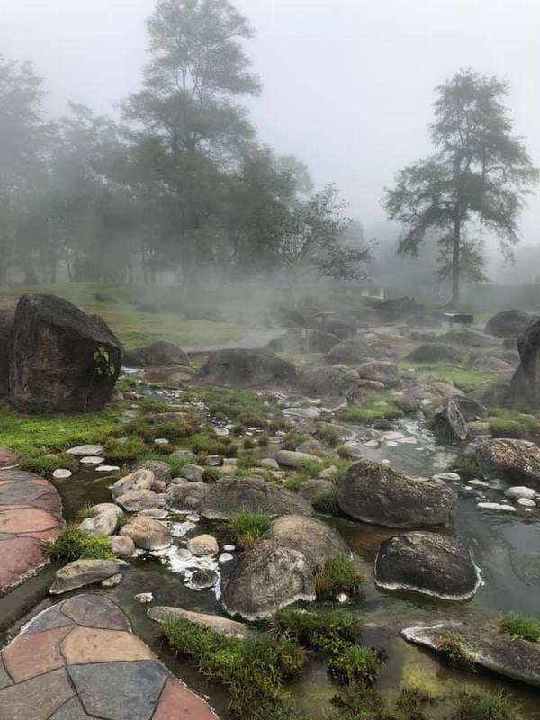 Misty Forest Stream at Fang Hot Spring A misty, tranquil scene with a stream flowing over rocks and tall trees in the background at Fang Hot Spring.